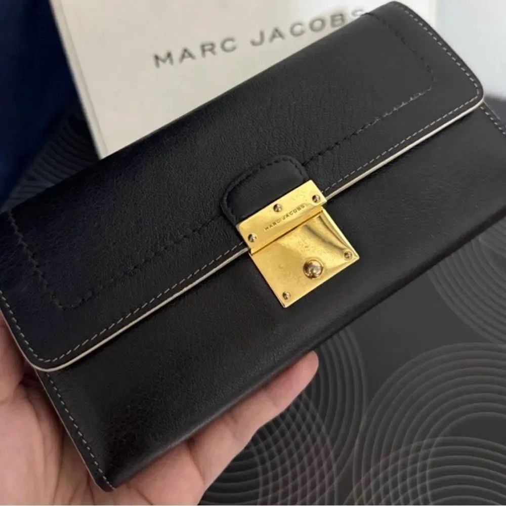 Marc Jacobs Black Leather Continental Wallet with Gold Clasp